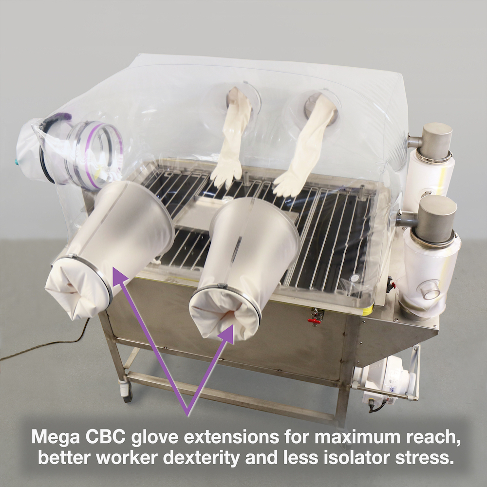 Mega CBC glove extensions for maximum reach, better worker dexterity and less stress on isolator.