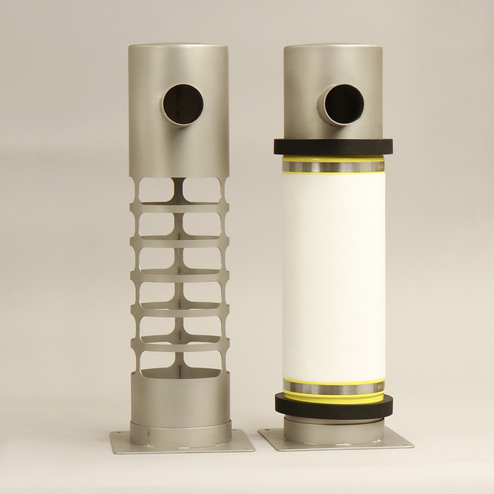 Pictured is a standard 5 inch (diameter) filter used in our isolators to maintain a controlled, uniform environment. The filter shown (with and without filter media) has an upper outlet port.