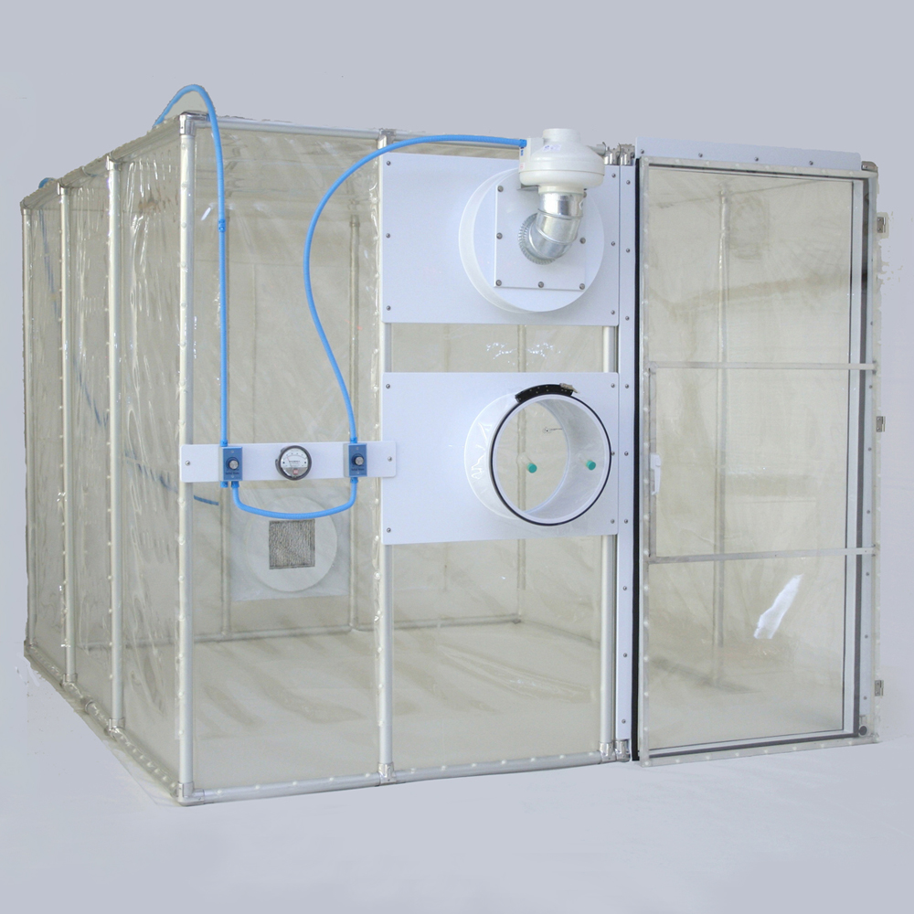 Negative pressure, flexible film (softwall) containment unit that is designed to be a necropsy room, with enough space for a necropsy table, waterline, discharge collection and pass in/out transfer port (restricted access barrier unit).