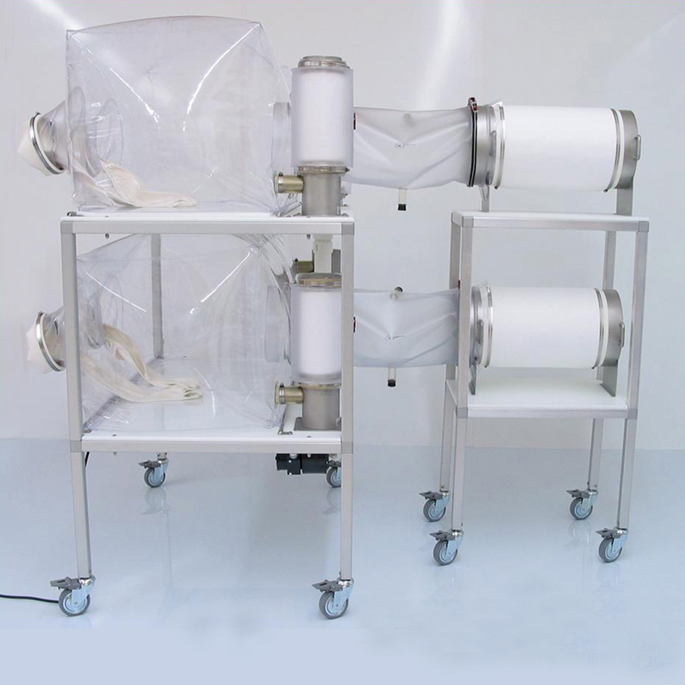 Stainless steel transfer carts/trolleys with lockable casters and table clamps to secure sterilizing cylinders in place and prevent accidents.