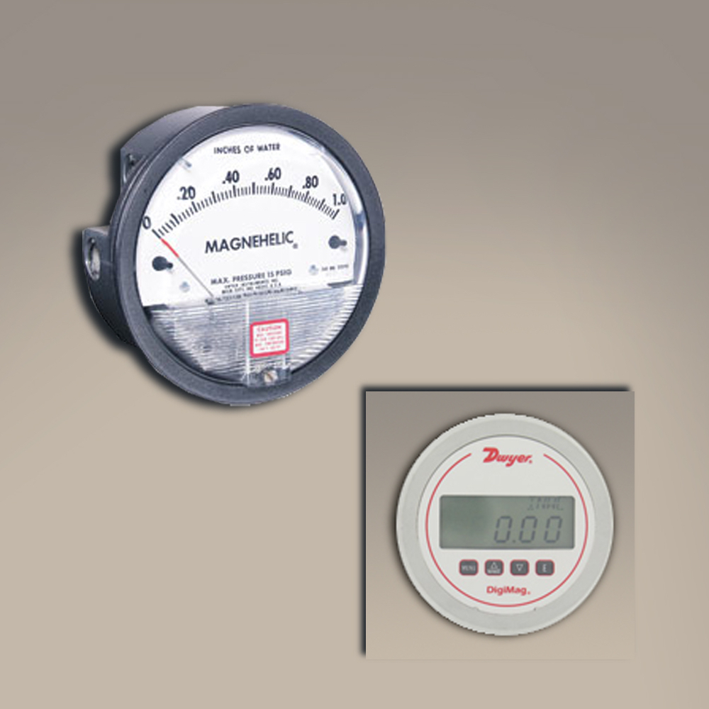 Gauges to monitor germ-free, gnotobiotic isolator chamber pressure.