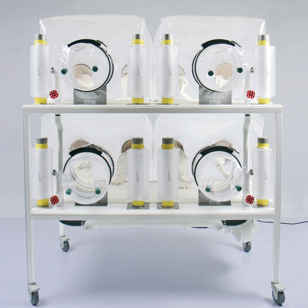 CBC Quad Isolator Systems maximizes lab space and allows researchers to conduct four different experiments with mice or other rodents  at one time.