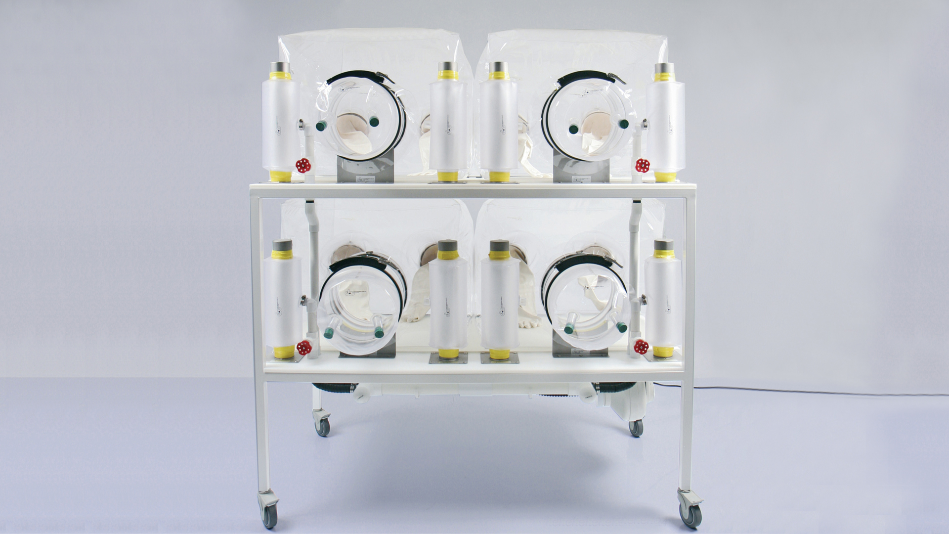 CBC Quad Isolator Systems maximizes lab space and allows researchers to conduct four different experiments with germ-free, gnotobiotic mice or other rodents at one time.