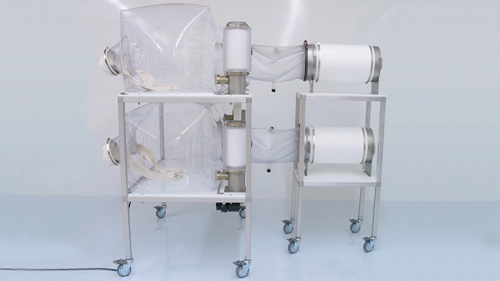 Stainless steel transfer carts/trolleys with lockable casters and table clamps to secure sterilizing cylinders in place and prevent accidents.